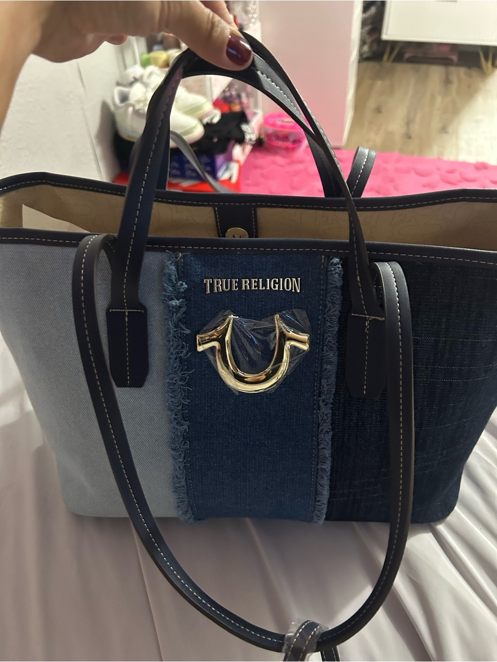 True Religion Denim Patchwork Tote with Gold Accent
